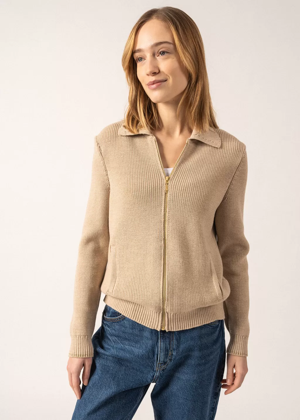 moutiers_zipup_cardigan_2.webp Best Sale Saint James Moutiers Zip-up Cardigan Beige