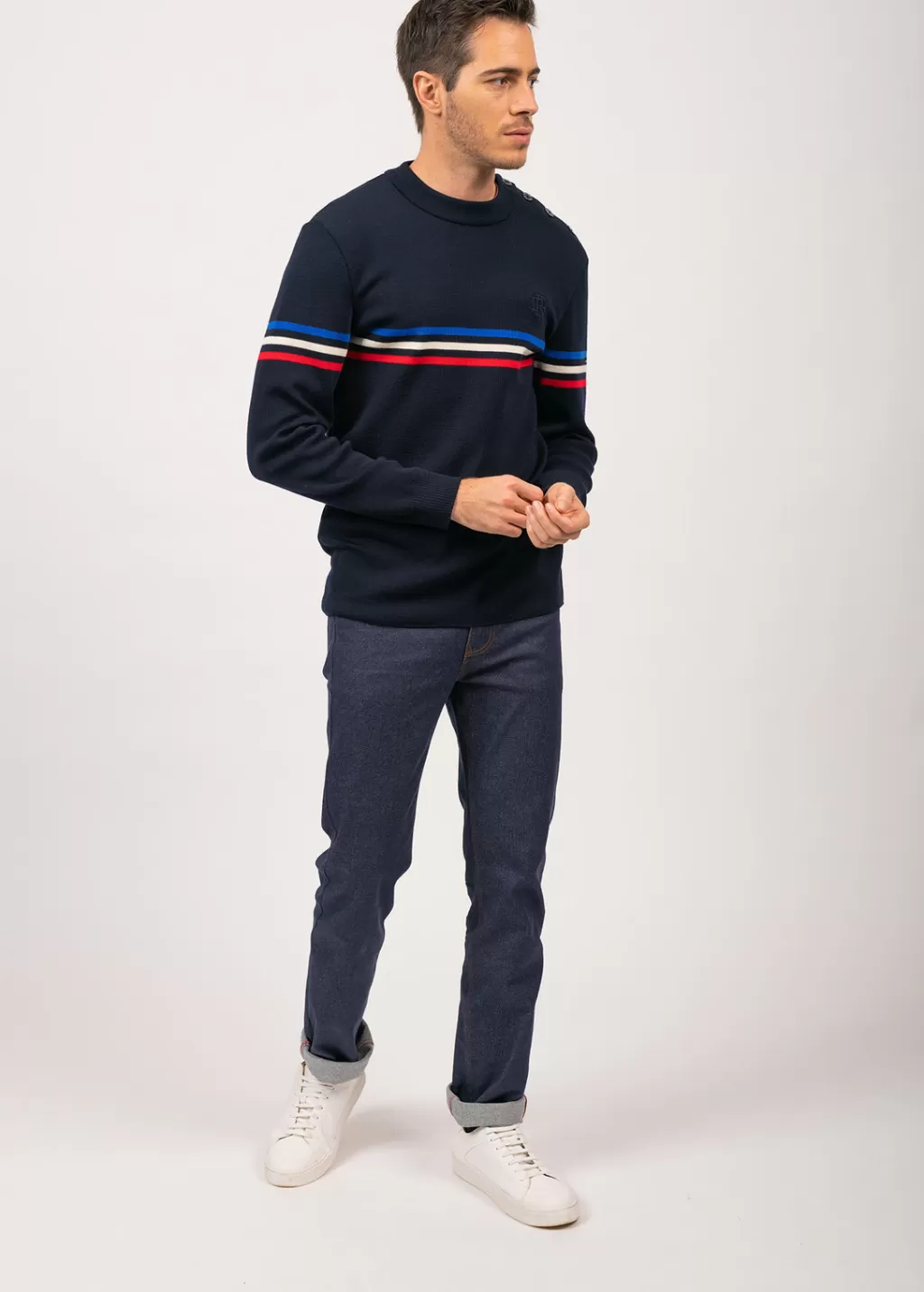 sailor_jumper_with_tricolour_stripes_2.webp Cheap Saint James Sailor jumper with tricolour stripes Navy